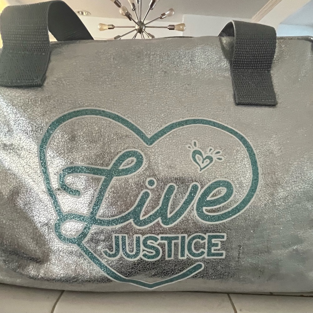 Justice Girls Silver Duffle/Gym/Carry Bag Zip Closure Shoulder Strap